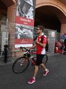 Sebastian Vettel arrives at the circuit by bicycle