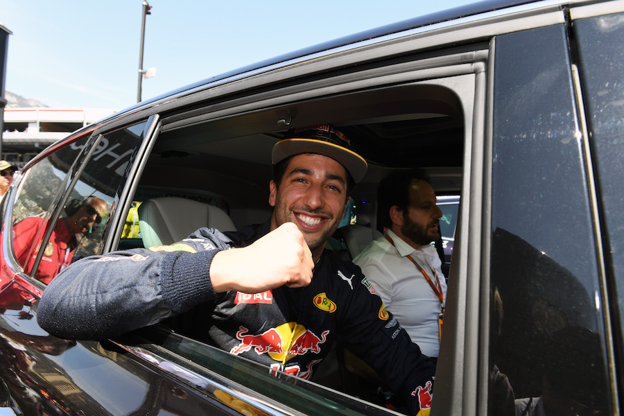 Pole sitter Daniel Ricciardo celebrates in parc ferme
