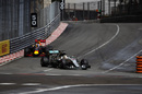 Lewis Hamilton and Daniel Ricciardo battle for a position