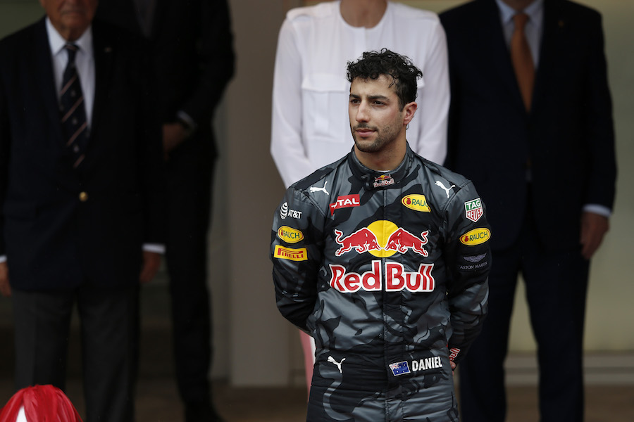 Daniel Ricciardo shows his disappointment on the podium