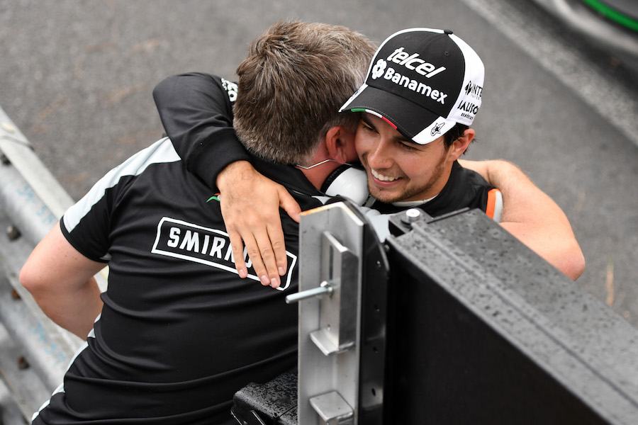 Sergio Perez celebrates with Force India for his third place in Monaco