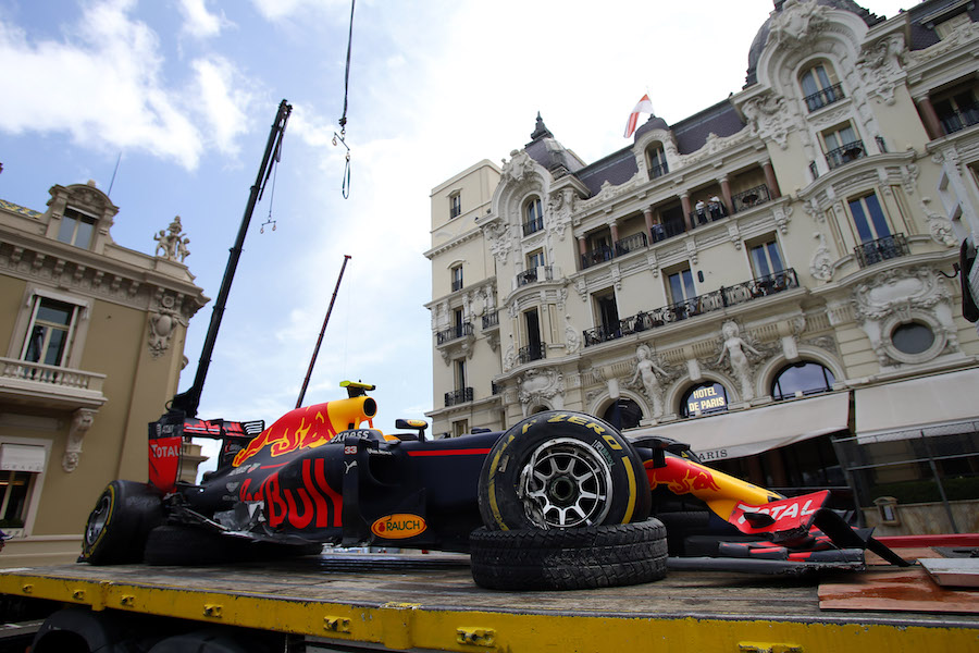 The crashed car of Max Verstappen
