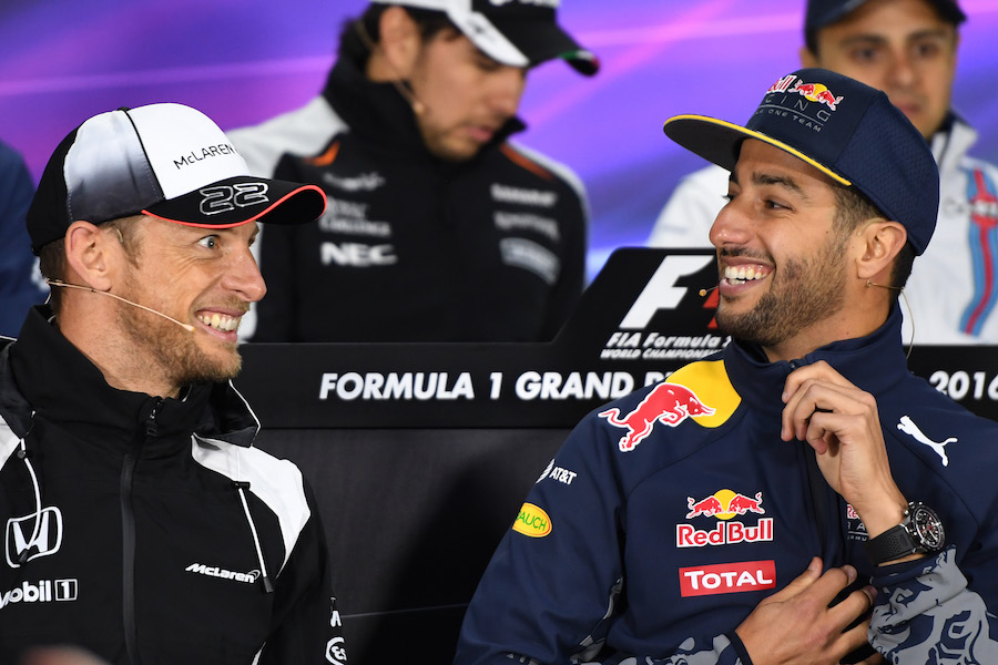 Jenson Button and Daniel Ricciardo chat in the Thursday press conference