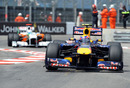 Mark Webber leans on his front left tyre