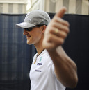 A confident Michael Schumacher arrives at the track
