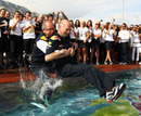 Adrian Newey is thrown in the Red Bull swimming pool