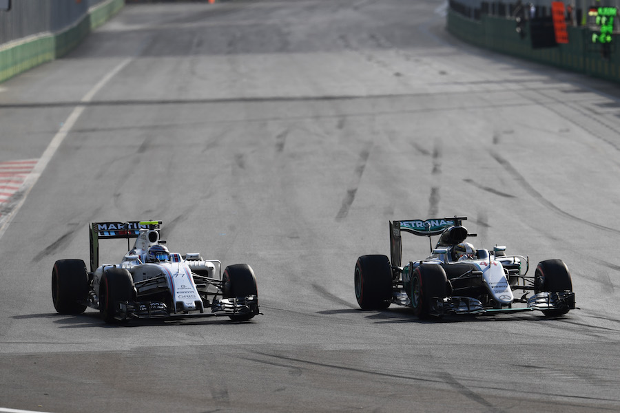 Lewis Hamilton and Valtteri Bottas battle for a position