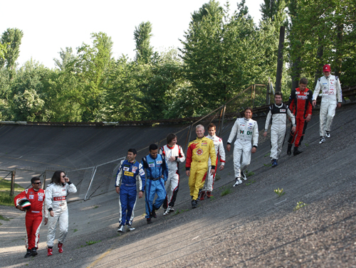 Drivers pose on the famous Monza banking ahead of the Formula Two weekend