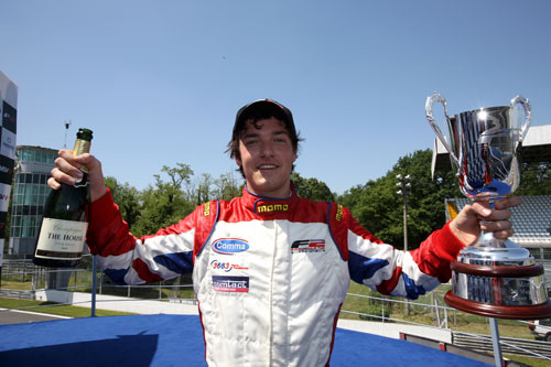 Britain's Jolyon Palmer celebrates winning race 1 of the Formula Two Championship in Monza