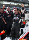 Helio Castroneves celebrates taking pole position during qualifying for the Indianapolis 500