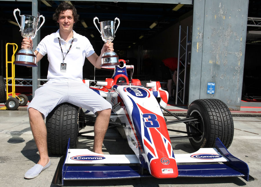 Jolyon Palmer celebrates victory in both the weekend's Formula Two Championship races in Monza