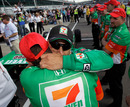 Tony Kanaan hugs a member of his crew after qualification for the Indianapolis 500 