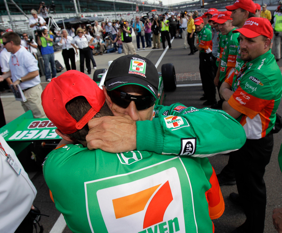 Tony Kanaan hugs a member of his crew after qualification for the Indianapolis 500 