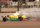 Indy 500 polesitter Scott Brayton of the US hits the second turn wall 17 May during practice for the 80th Indianapolis 500 Mile race at Indianapolis