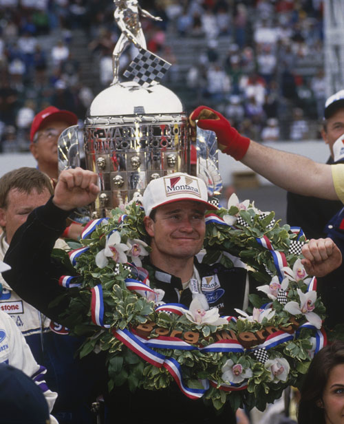 Buddy Lazier celebrates winning the Indy 500 at the Indianapolis Motor Speedway 