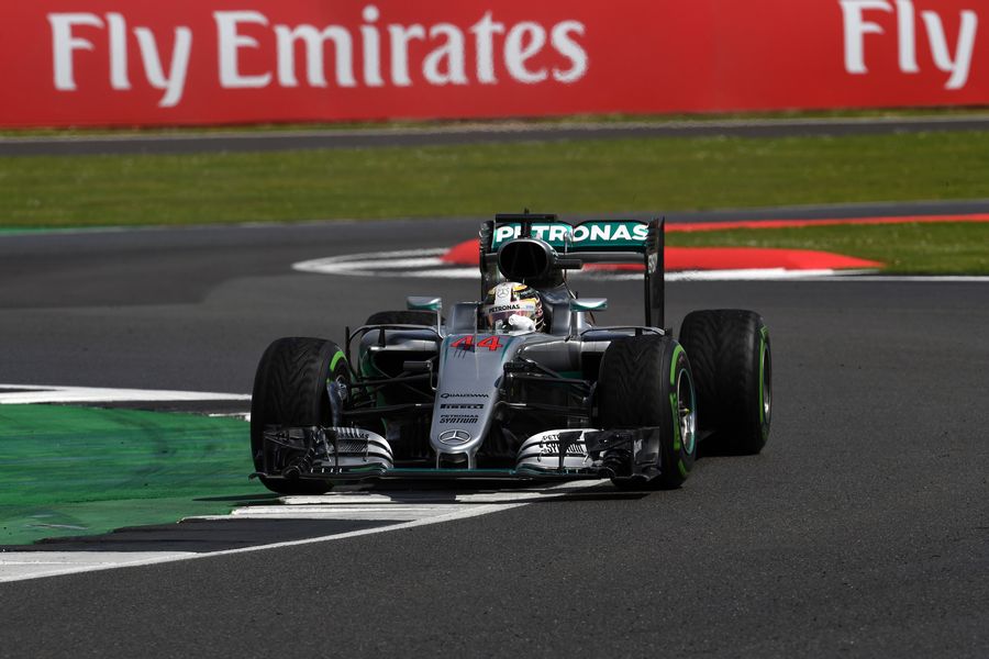 Lewis Hamilton on track with intermediate tyres