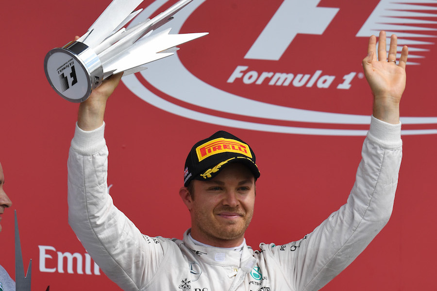 Nico Rosberg celebrates on the podium 