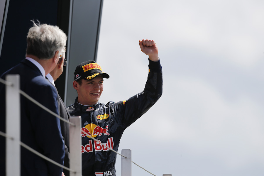 Max Verstappen celebrates on the podium