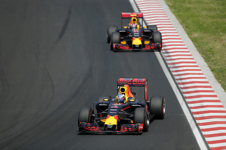 Daniel Ricciardo leads his teammate Max Verstappen