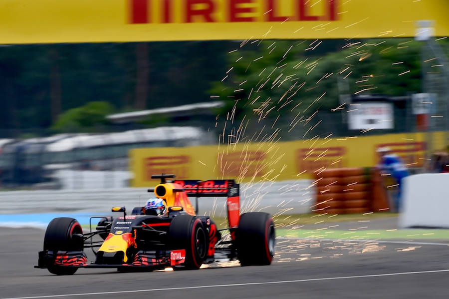 Sparks fly from Daniel Ricciardo's Red Bull