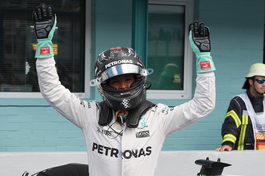 Nico Rosberg celebrates his pole in parc ferme