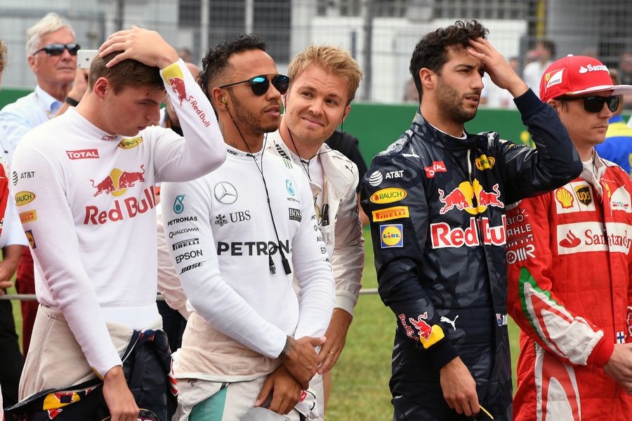 Max Verstappen, Lewis Hamilton. Nico Rosberg and Daniel Ricciardo on the grid