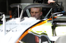 Nico Hulkenberg and halo at the Force India garage