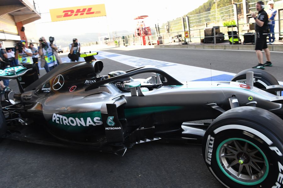 Nico Rosberg leaves the garage with halo