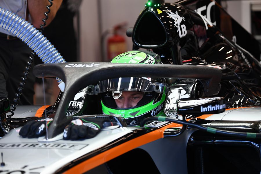 Nico Hulkenberg in the Force India cockpit with halo