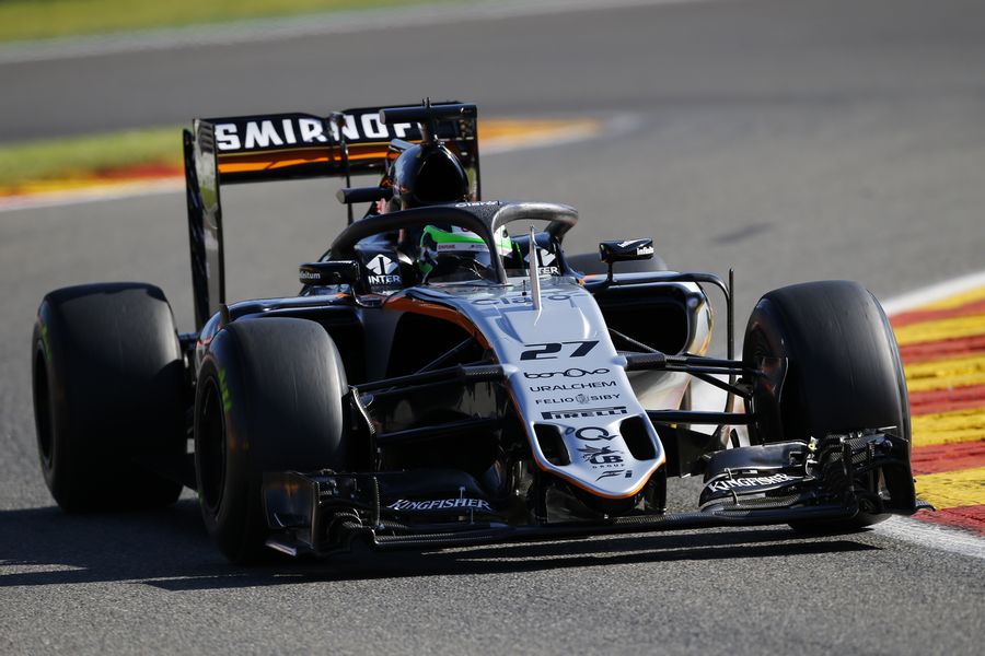 Nico Hulkenberg on track in the Force India with halo