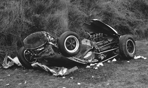 The wreckage of Stirling Moss' car at Goodwood
