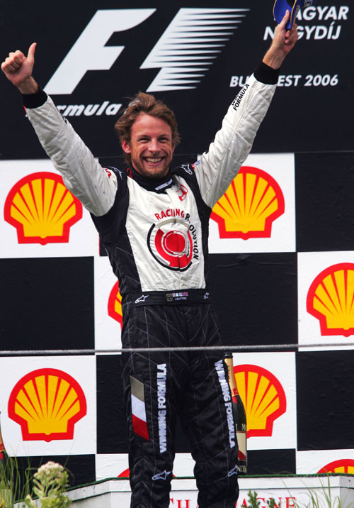 Jenson Button celebrates his first race victory at the 2006 Hungarian Grand Prix