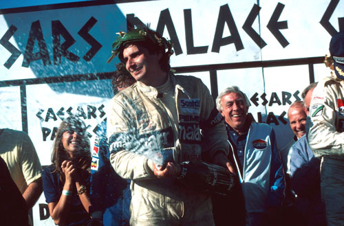 Nelson Piquet celebrates his fifth place that confirmed him as world champion after the Caesars Palace GP