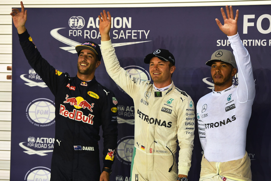 The top three acknowledge the crowd after qualifying