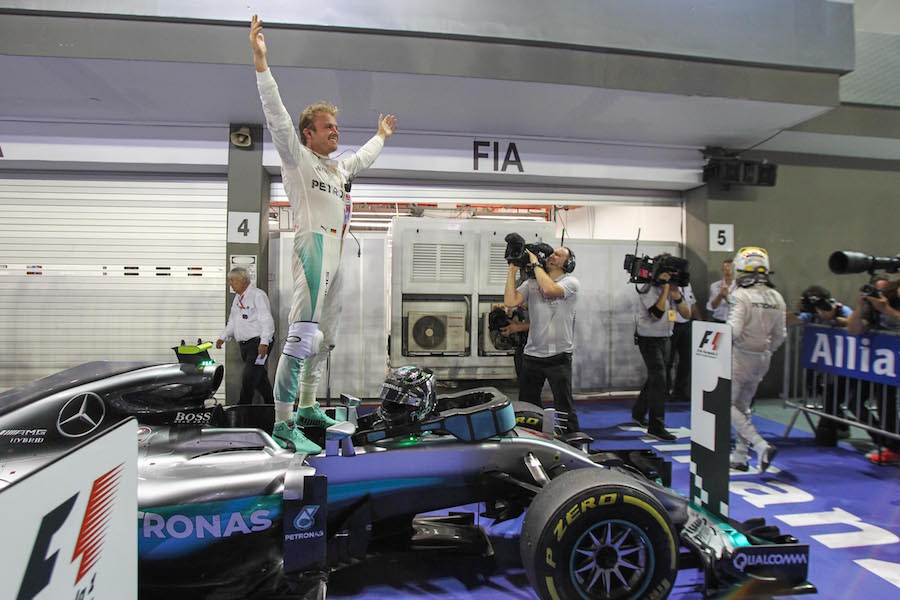 Nico Rosberg celebrates his win in parc ferme
