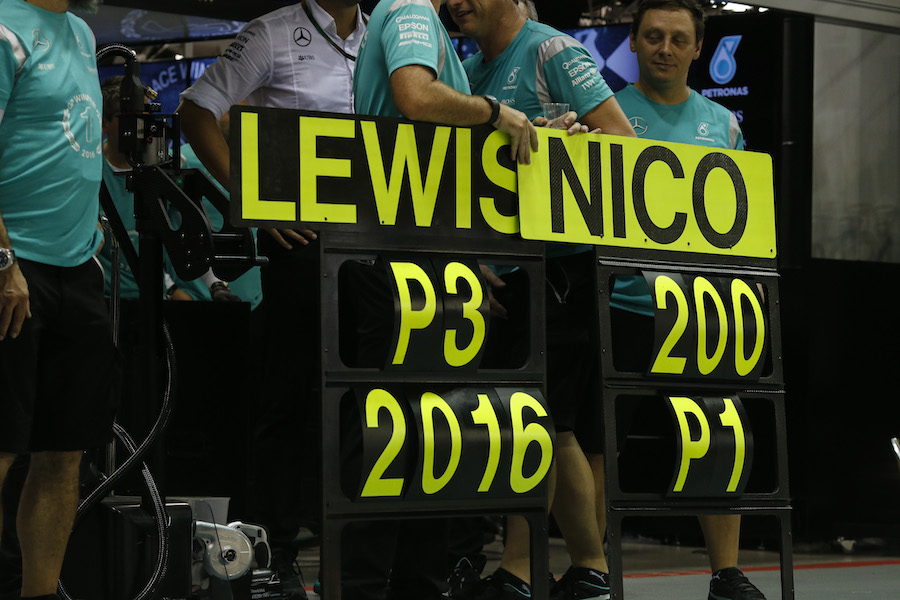 Mercedes celebrates Nico Rosberg and Lewis Hamilton