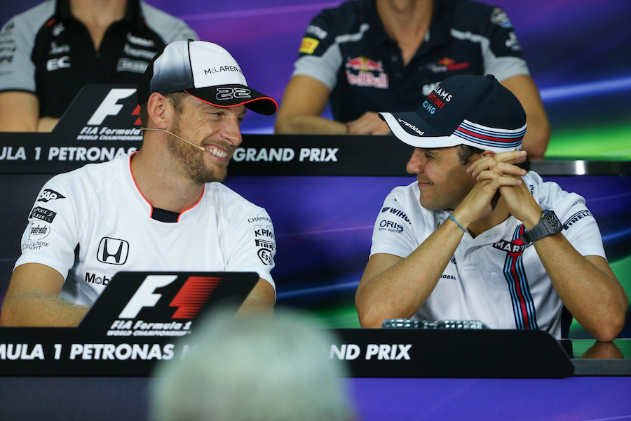 Jenson Button and Felipe Massa chat in the Thursday press conference