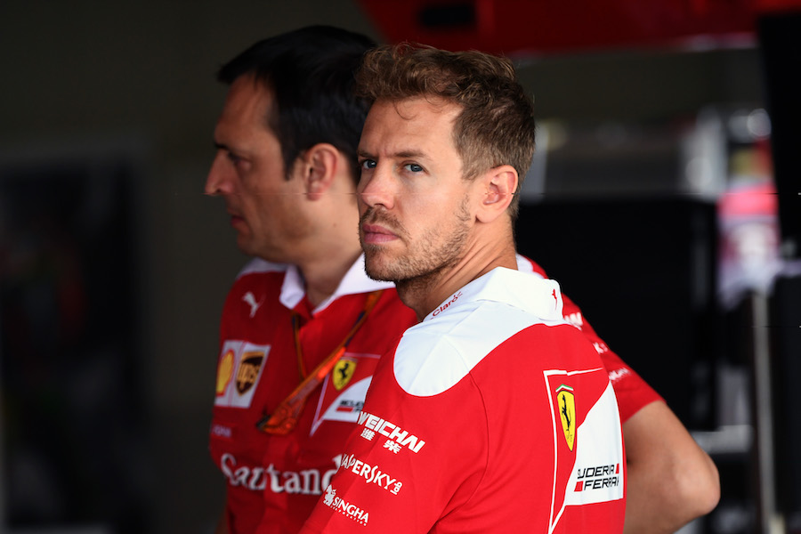 Sebastian Vettel at the Ferrari garage