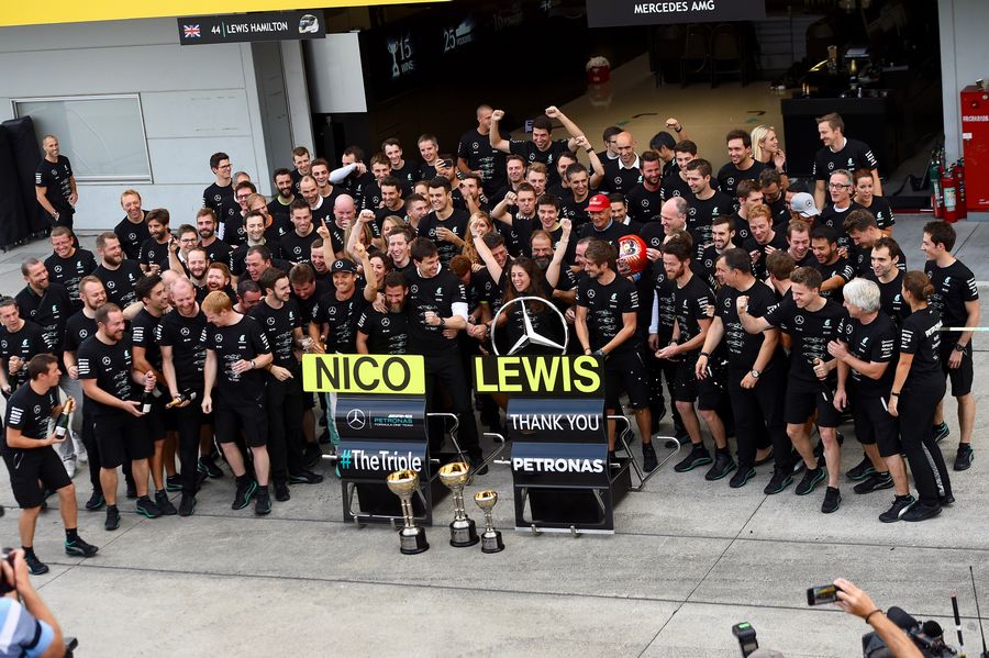 Mercedes AMG F1 team celebrate the constructors championship with the champagne