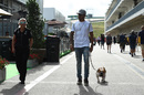 Lewis Hamilton walks through the paddock with his dog