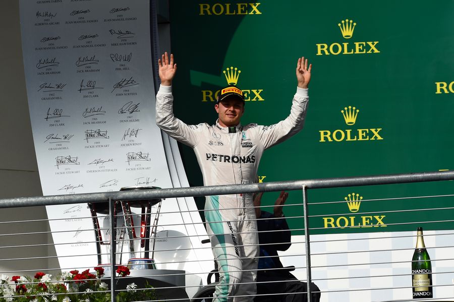 Nico Rosberg celebrates on the podium