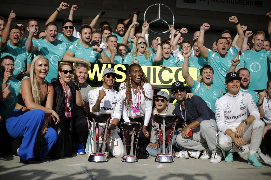 Mercedes celebrates for the 1-2 finish with guests