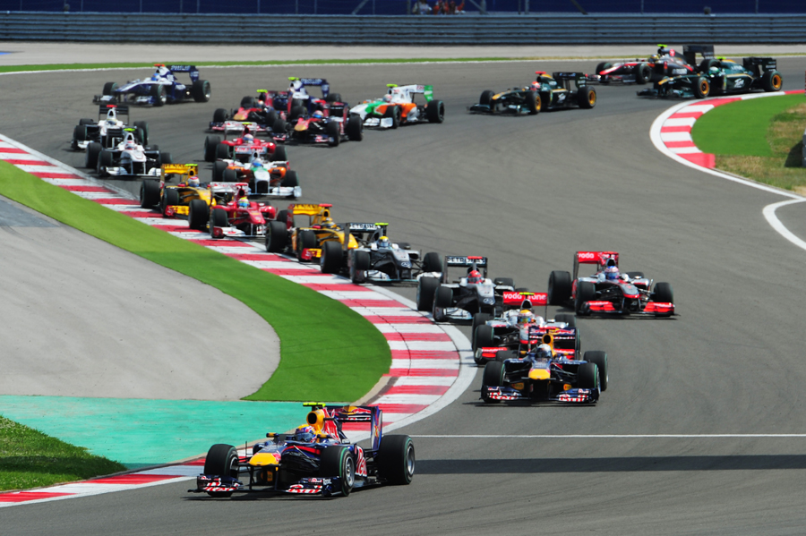 Mark Webber leads team-mate Sebastian Vettel at the start of the Turkish Grand Prix