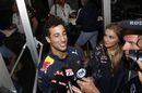 Daniel Ricciardo talks with the media having been awarded third place