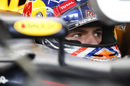 Max Verstappen sits in the Red Bull cockpit