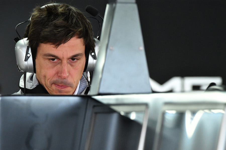 Toto Wolff in the garage with his eyes fixed on the monitor