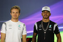 Nico Rosberg and Lewis Hamilton during the press conference