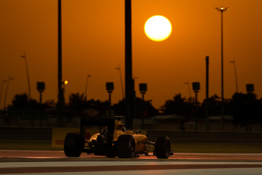 Jolyon Palmer on track during the sunset
