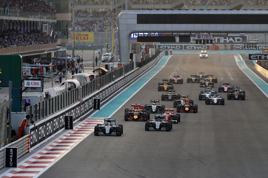 Lewis Hamilton leads at the start of the race