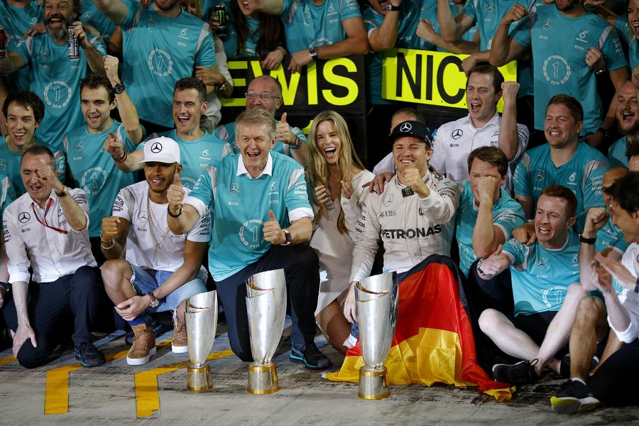 Mercedes members celebrate for their winning of the championship